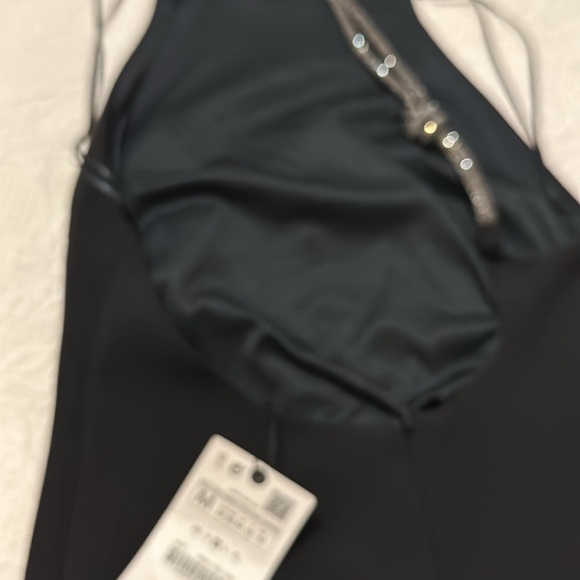 Zara Woman Rhinestone Shiny Back Cord Details Black Halter Dress Size M - Picture 15 of 15